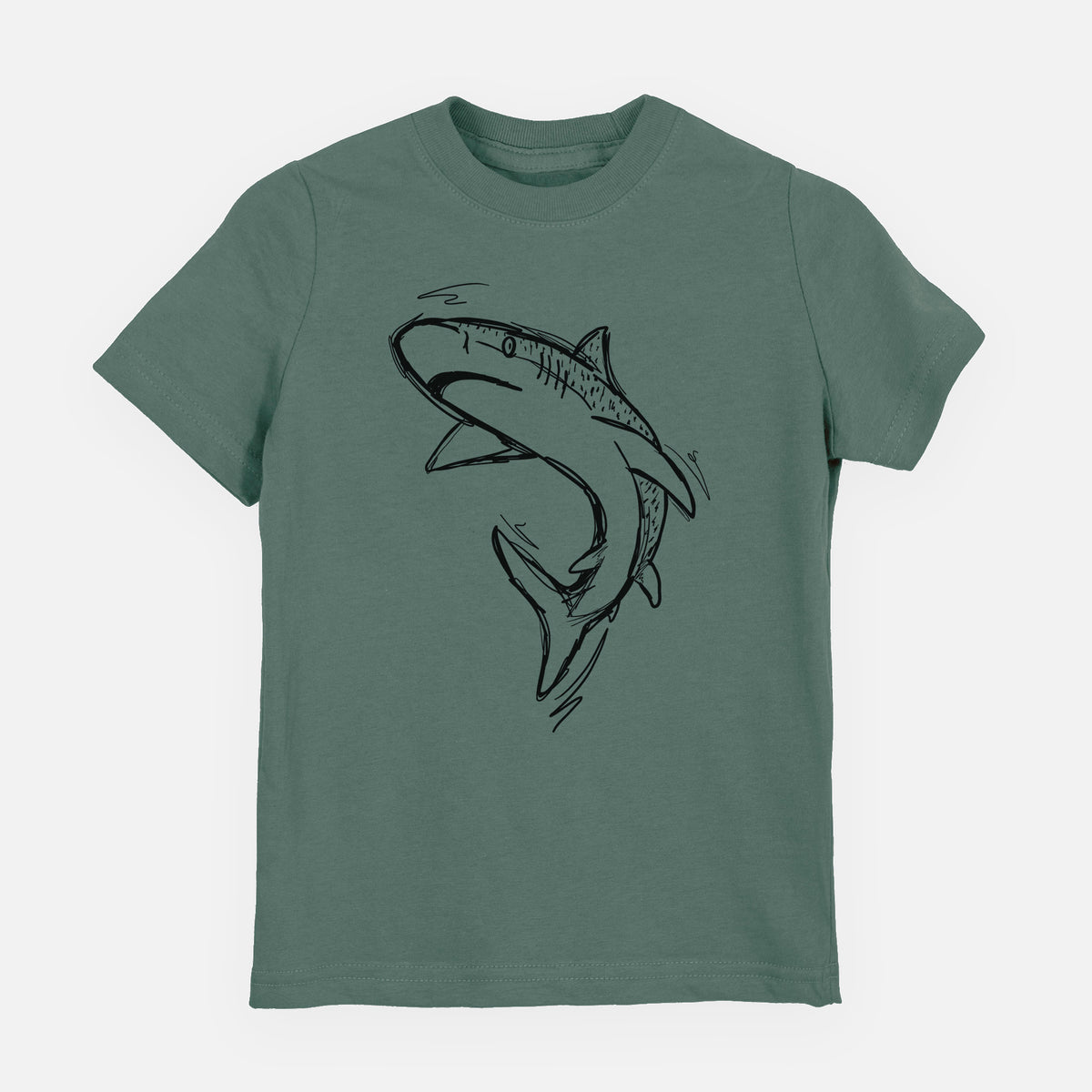 Basil green youth t-shirt laid flat, printed with a black ink illustration of a tiger shark swimming in a curve.