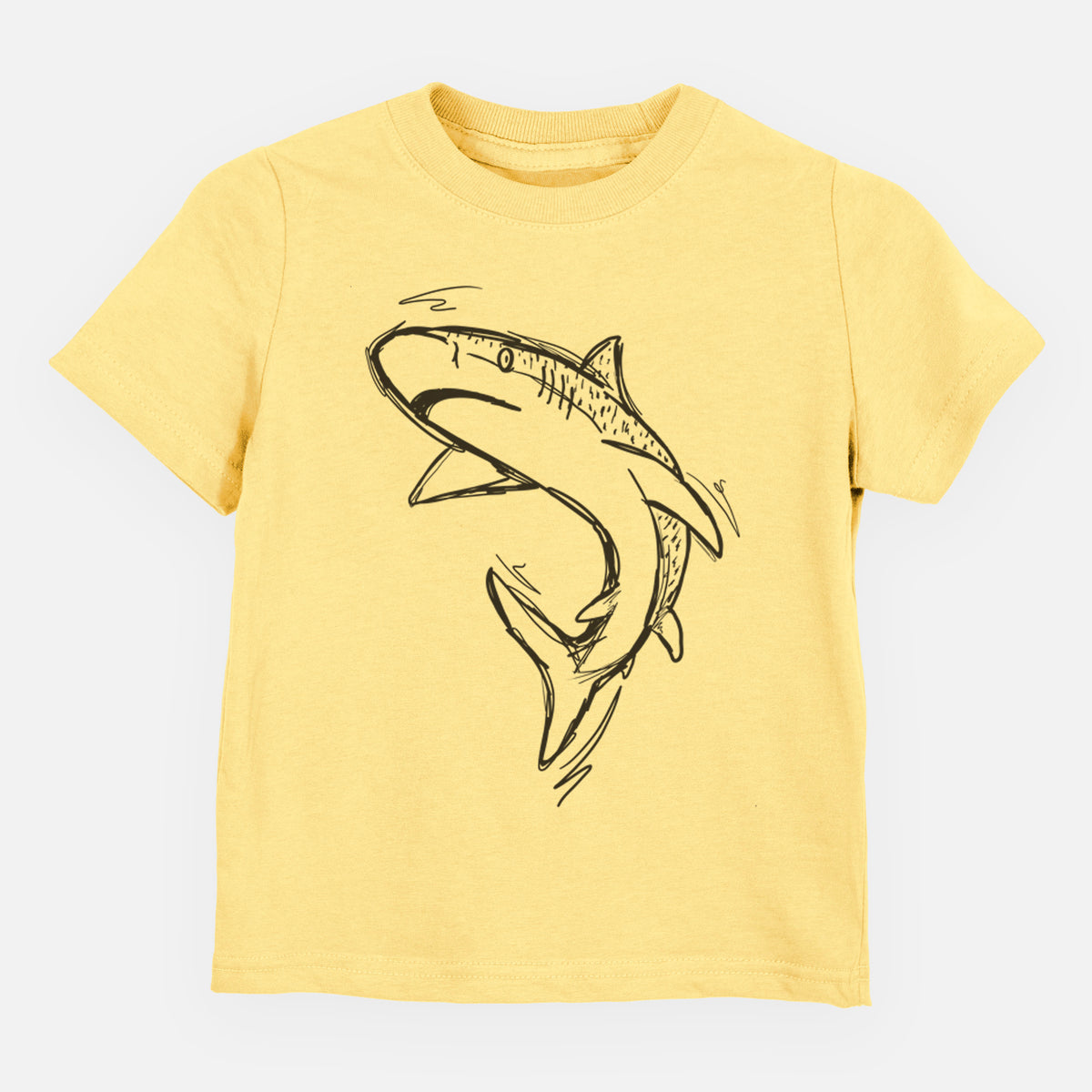 Butter yellow toddler t-shirt laid flat, printed with a black ink illustration of a tiger shark swimming in a curve.
