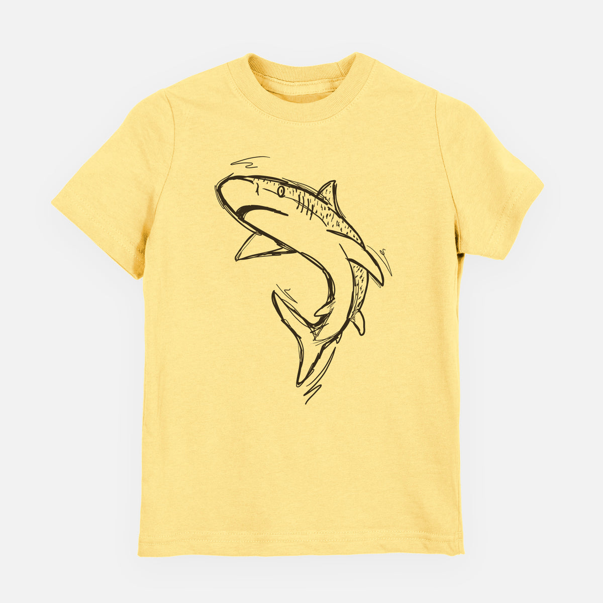 Butter yellow youth t-shirt laid flat, printed with a black ink illustration of a tiger shark swimming in a curve.