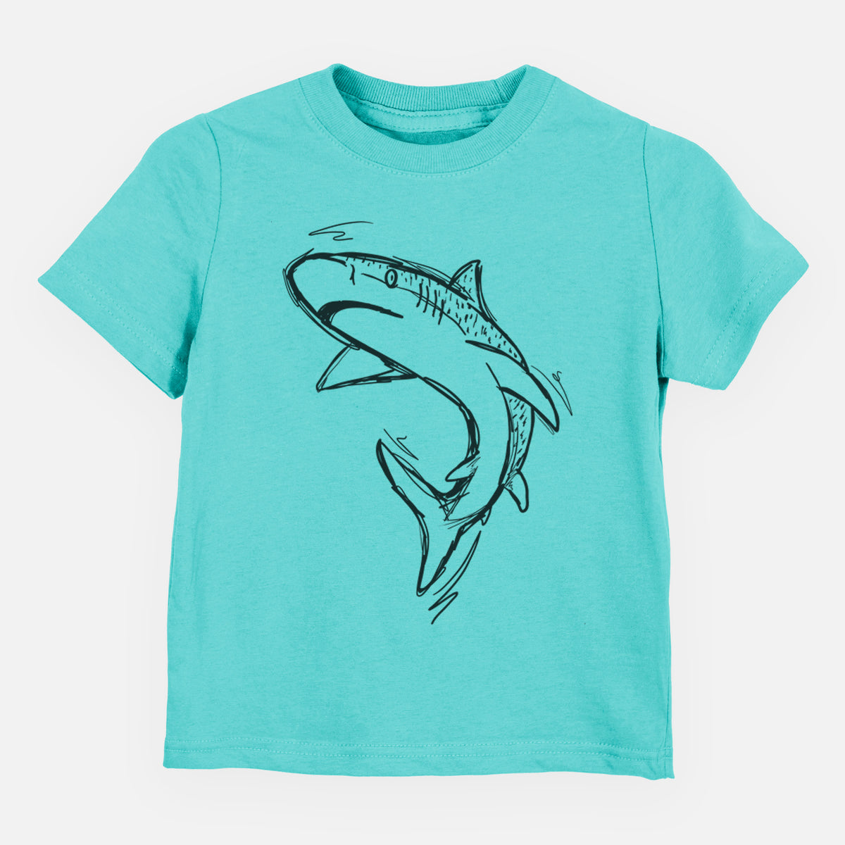 Caribbean blue toddler t-shirt laid flat, printed with a black ink illustration of a tiger shark swimming in a curve.