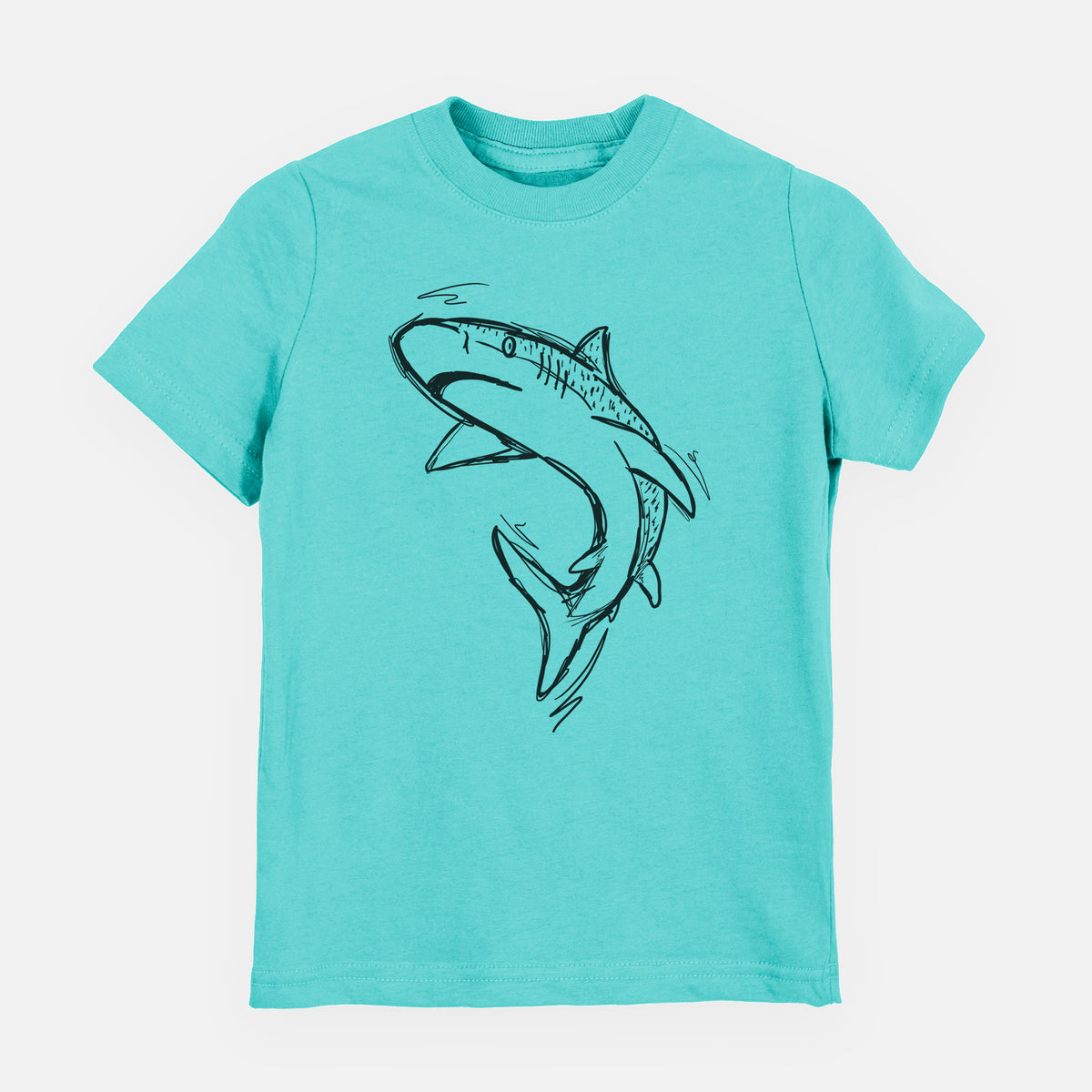Caribbean blue youth t-shirt laid flat, printed with a black ink illustration of a tiger shark swimming in a curve.