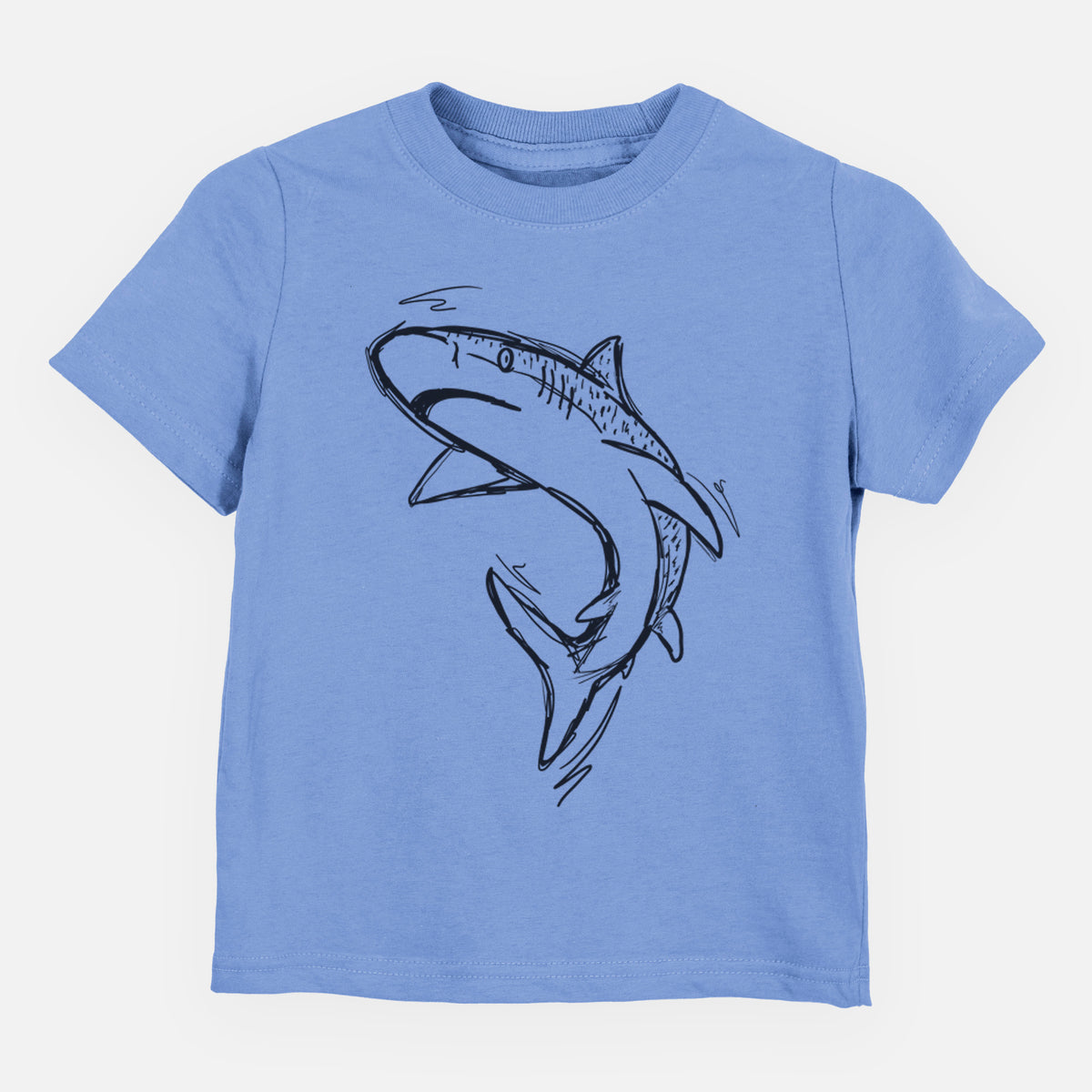 Carolina blue toddler t-shirt laid flat, printed with a black ink illustration of a tiger shark swimming in a curve.
