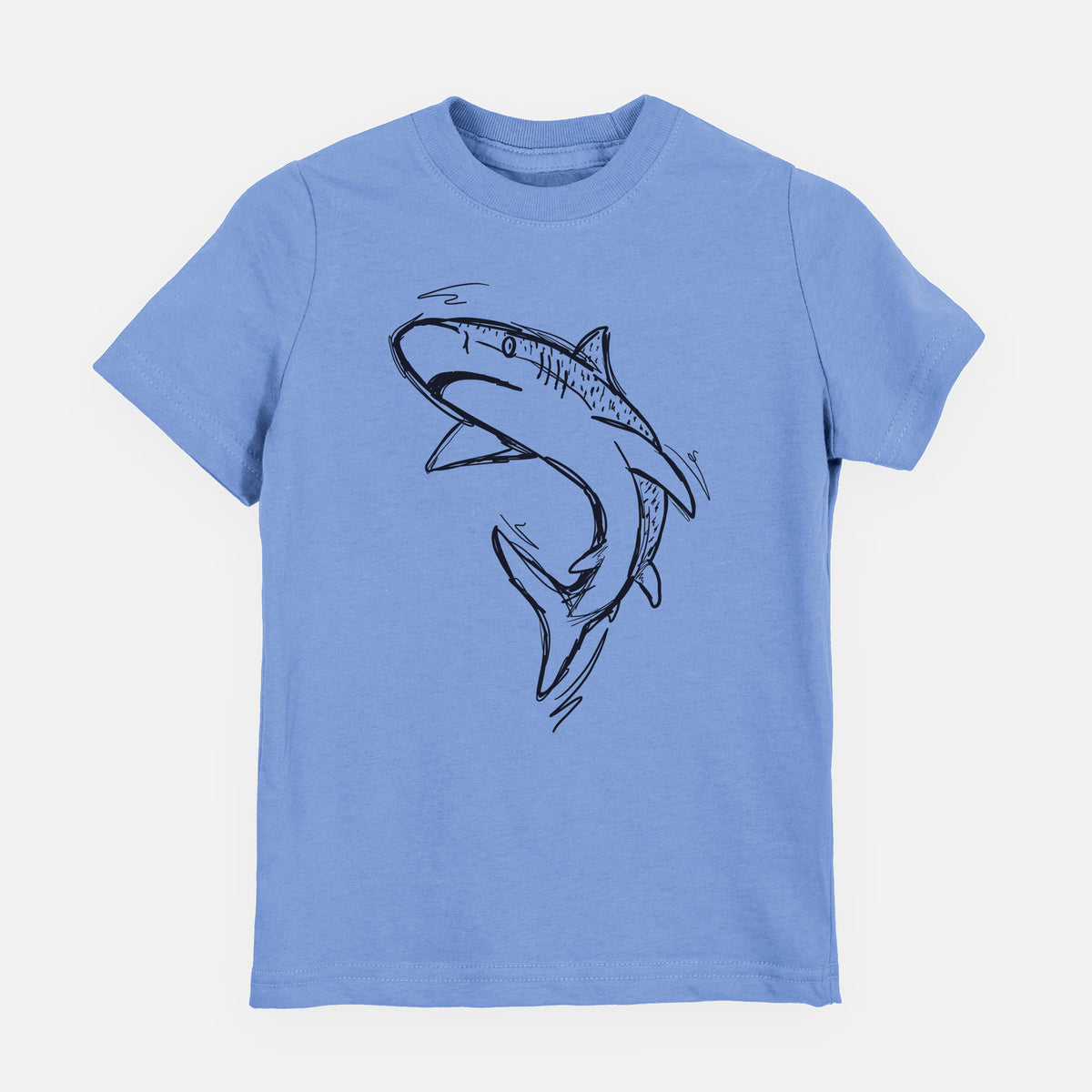 Carolina blue youth t-shirt laid flat, printed with a black ink illustration of a tiger shark swimming in a curve.