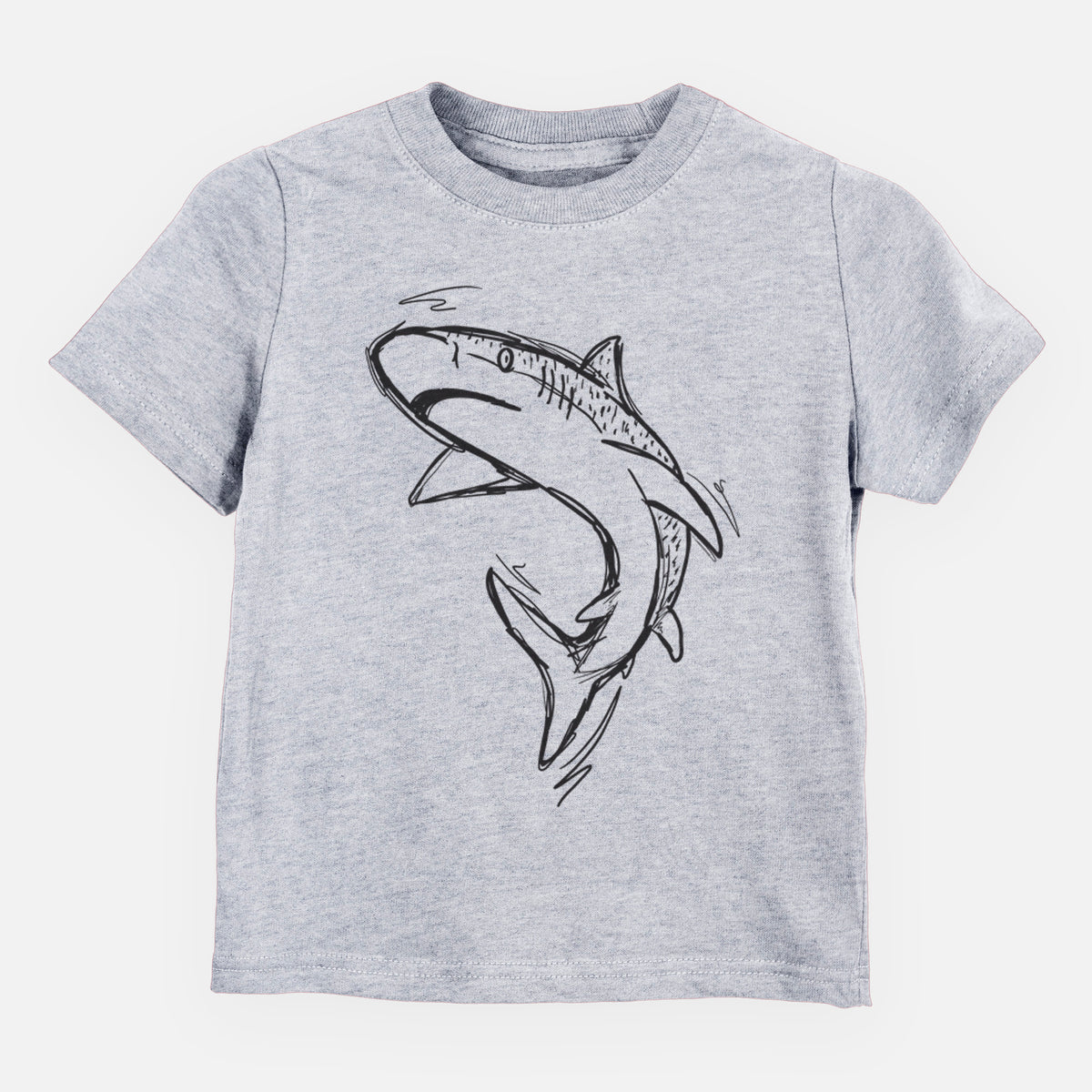 Heather grey toddler t-shirt laid flat, printed with a black ink illustration of a tiger shark swimming in a curve.