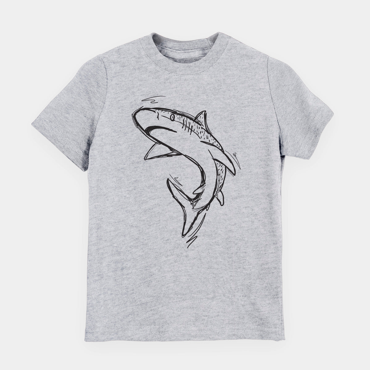 Heather grey youth t-shirt laid flat, printed with a black ink illustration of a tiger shark swimming in a curve.