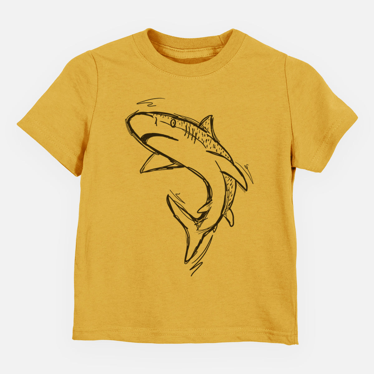 Honeycomb yellow toddler t-shirt laid flat, printed with a black ink illustration of a tiger shark swimming in a curve.