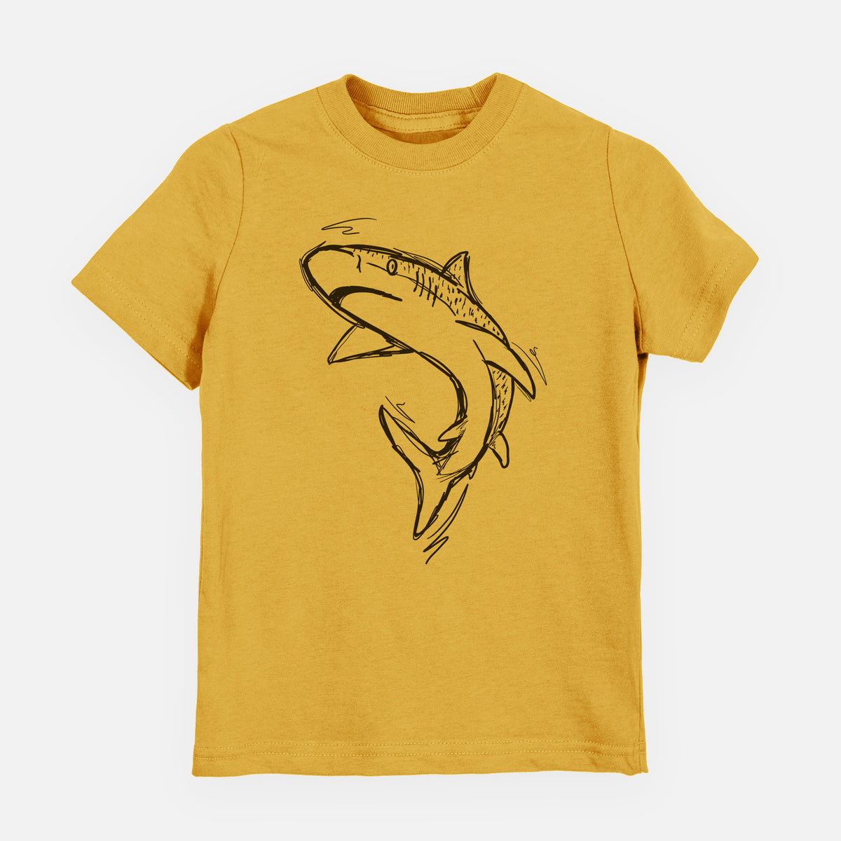 Honeycomb yellow youth t-shirt laid flat, printed with a black ink illustration of a tiger shark swimming in a curve.