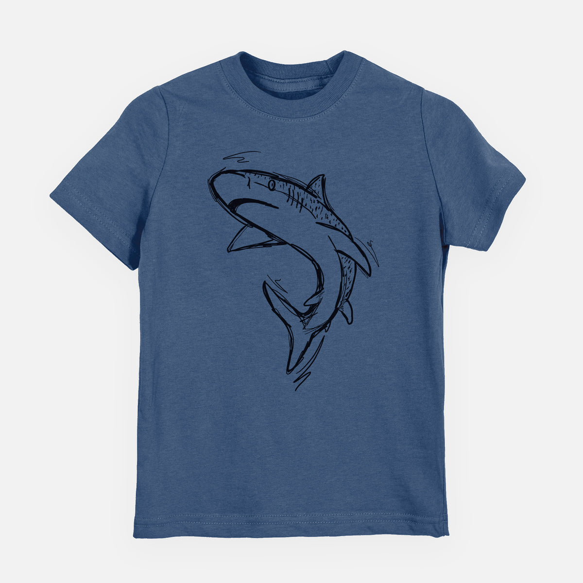 Indigo blue youth t-shirt laid flat, printed with a black ink illustration of a tiger shark swimming in a curve.