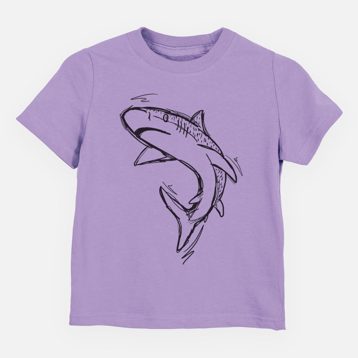 Lavender toddler t-shirt laid flat, printed with a black ink illustration of a tiger shark swimming in a curve.