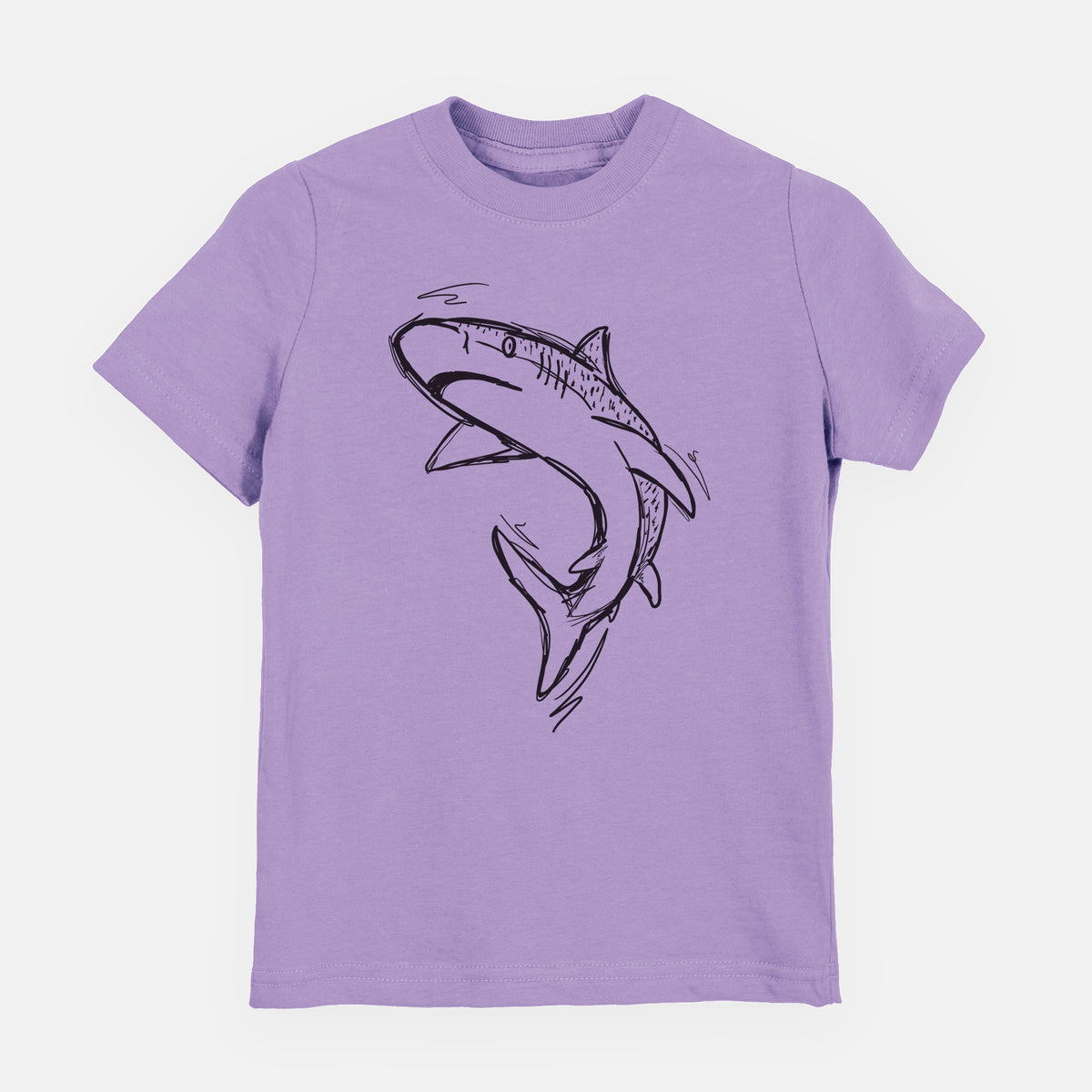 Lavender youth t-shirt laid flat, printed with a black ink illustration of a tiger shark swimming in a curve.