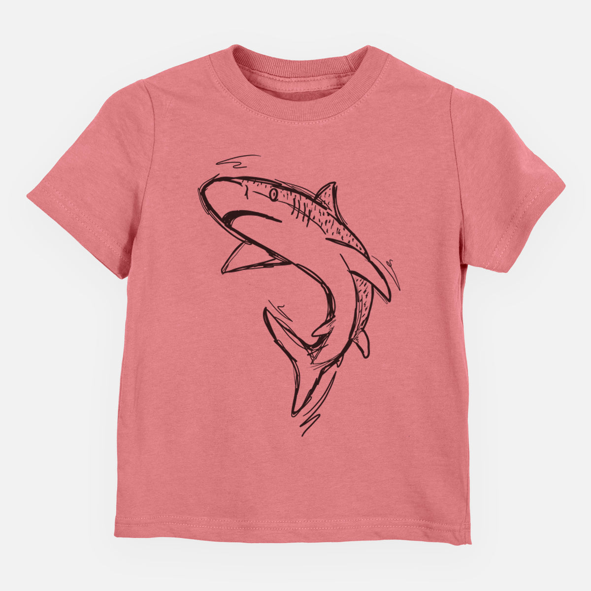 Mauve pink toddler t-shirt laid flat, printed with a black ink illustration of a tiger shark swimming in a curve.
