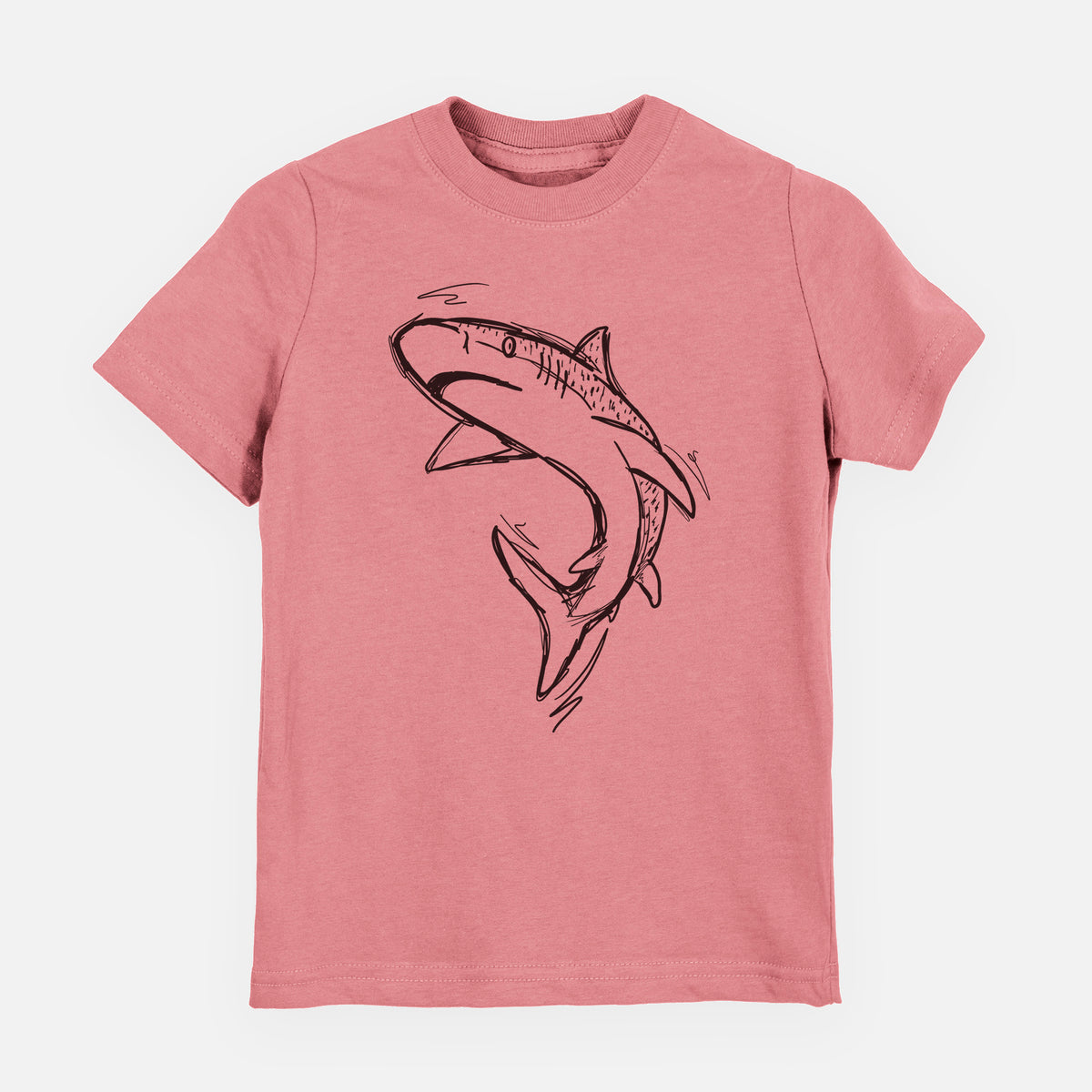 Mauve pink youth t-shirt laid flat, printed with a black ink illustration of a tiger shark swimming in a curve.
