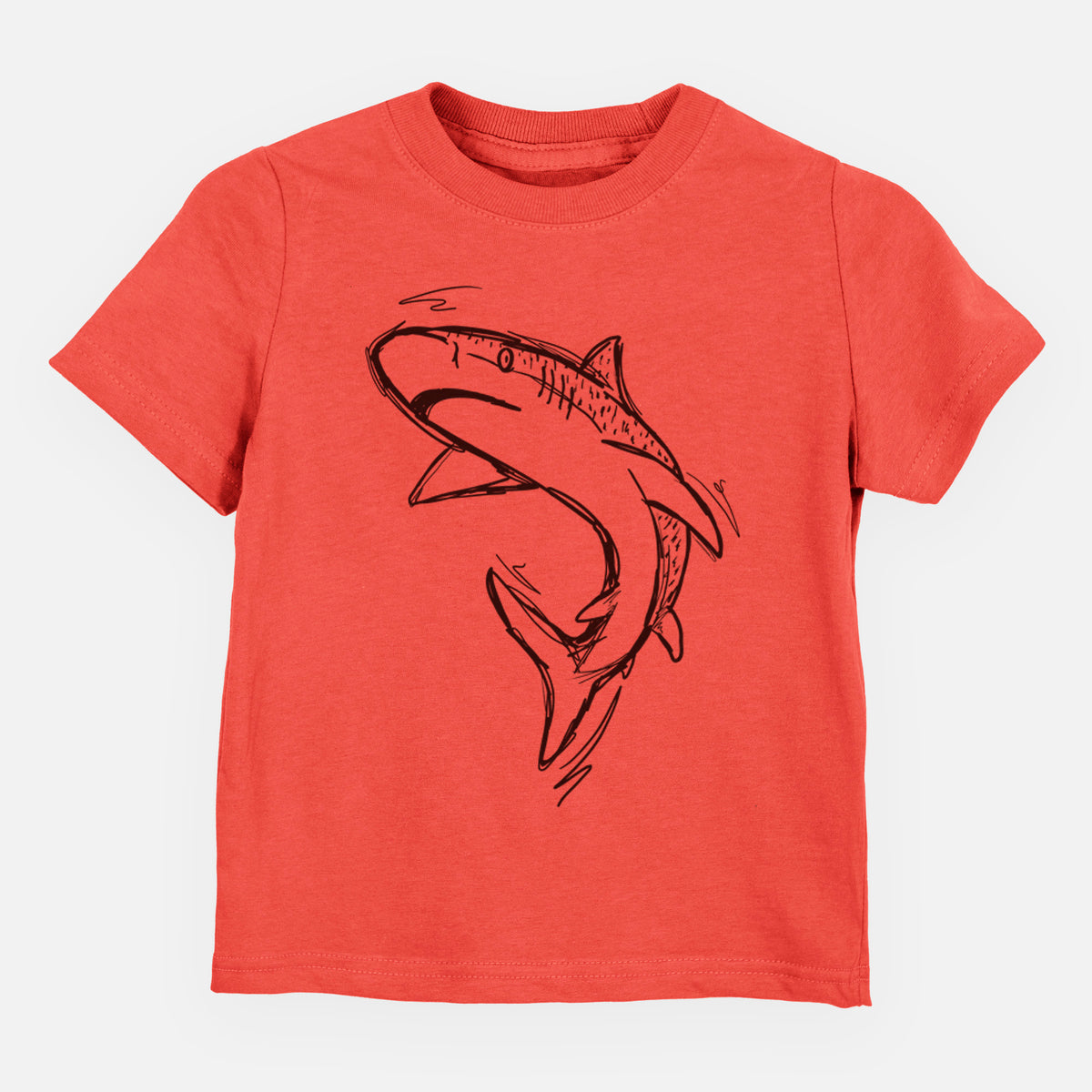 Passionfruit pink toddler t-shirt laid flat, printed with a black ink illustration of a tiger shark swimming in a curve.