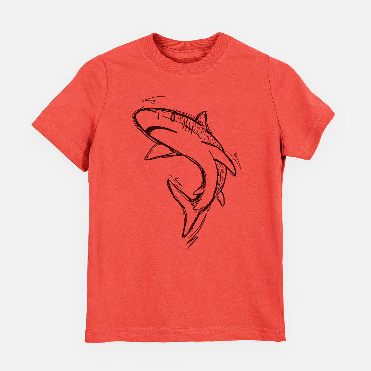 Passionfruit pink youth t-shirt laid flat, printed with a black ink illustration of a tiger shark swimming in a curve.
