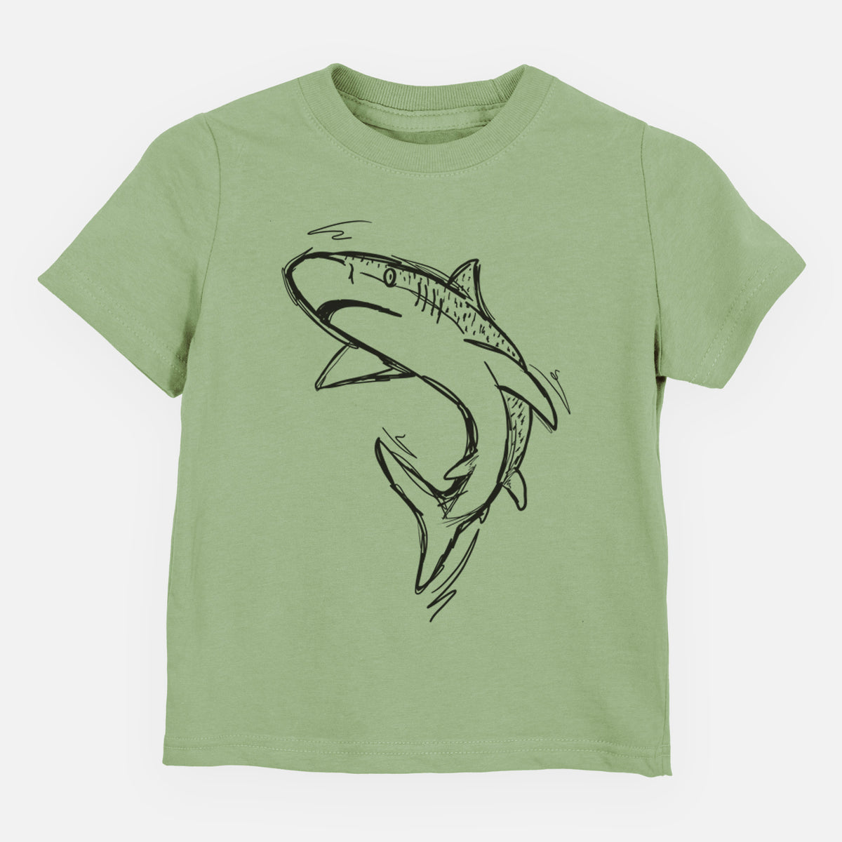 Sage green toddler t-shirt laid flat, printed with a black ink illustration of a tiger shark swimming in a curve.