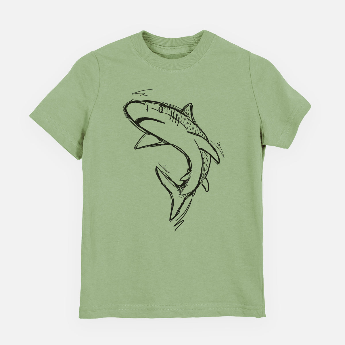 Sage green youth t-shirt laid flat, printed with a black ink illustration of a tiger shark swimming in a curve.