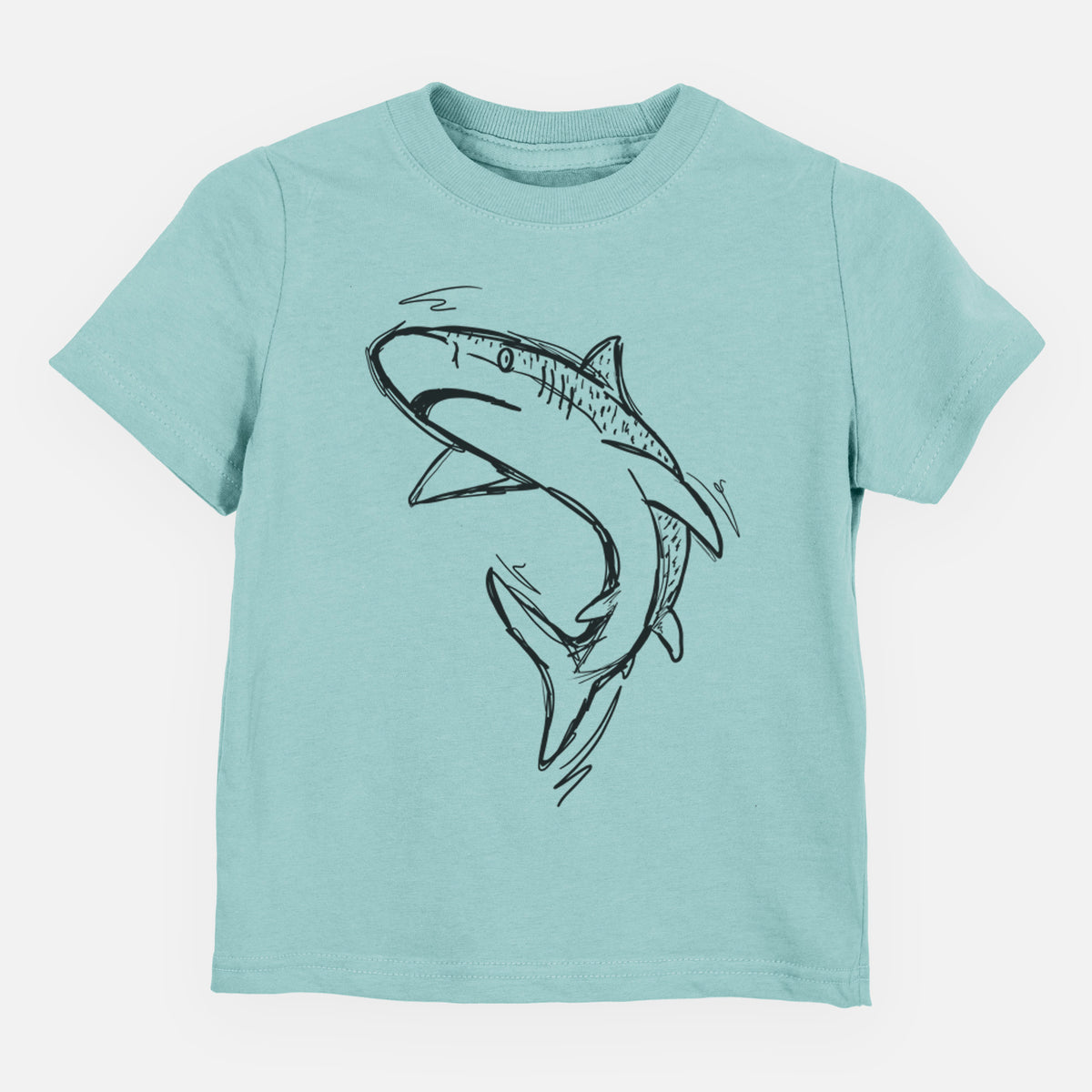 Saltwater toddler t-shirt laid flat, printed with a black ink illustration of a tiger shark swimming in a curve.