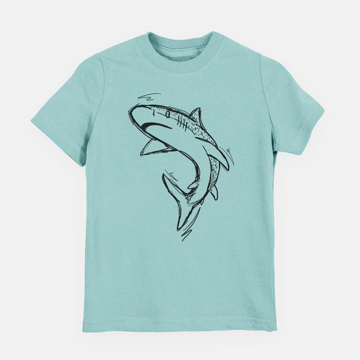 Saltwater youth t-shirt laid flat, printed with a black ink illustration of a tiger shark swimming in a curve.