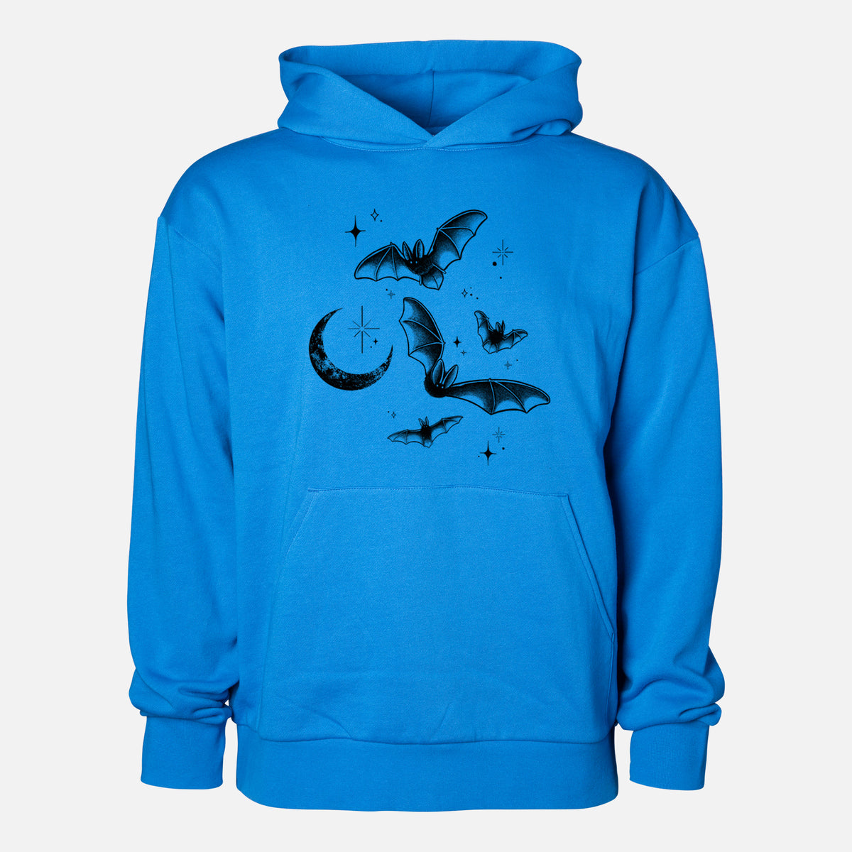 Townsend's Bats Under a Crescent Moon - Statement Midweight Hoodie in Azure Blue, shown from the front with the design printed on the chest above a front kangaroo pocket.