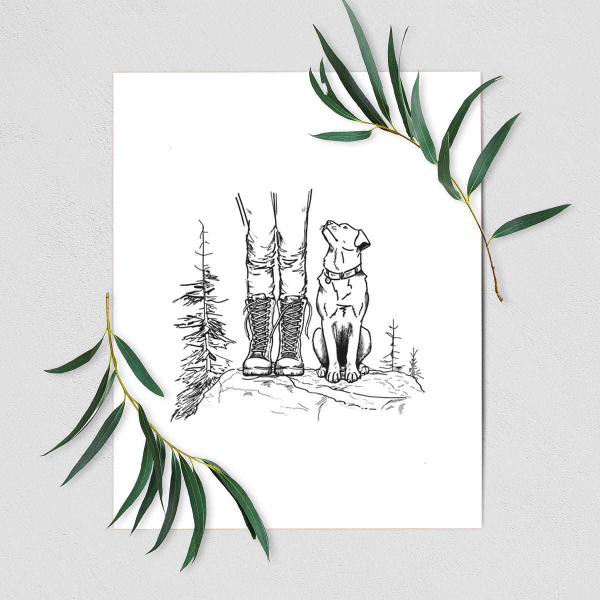 Art print of a black ink illustration of a hiker in boots and a dog sitting side by side on a forest trail, seen from behind, shown with eucalyptus leaves.