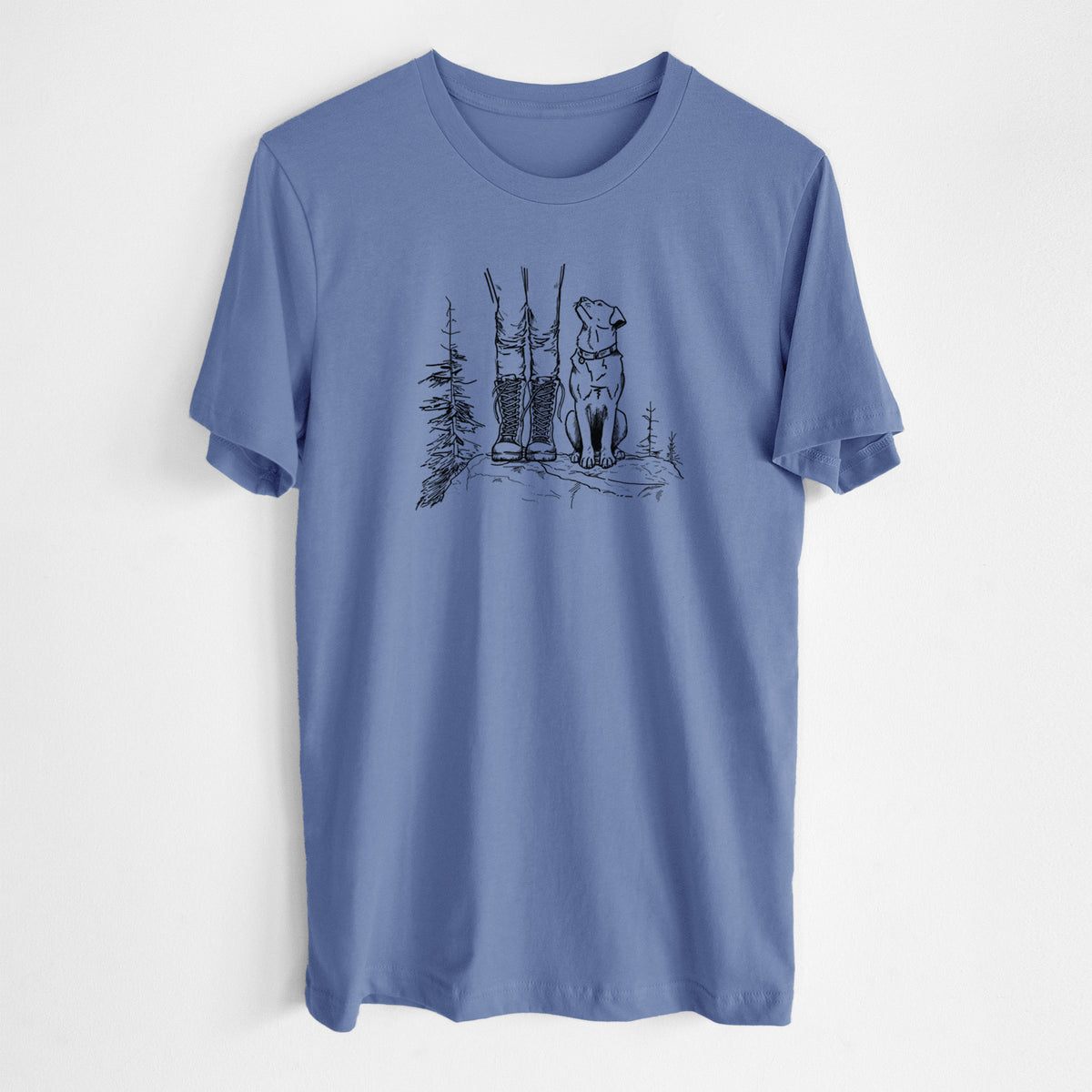Blue bell lightweight cotton t-shirt laid flat, printed with a black ink illustration of a hiker in boots and a dog sitting side by side on a forest trail, seen from behind.