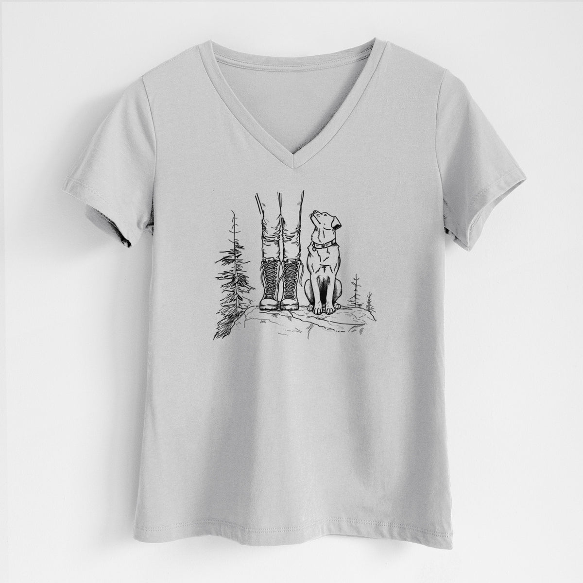 Lunar grey women's relaxed fit cotton V-neck t-shirt laid flat, printed with a black ink illustration of a hiker in boots and a dog sitting side by side on a forest trail, seen from behind.