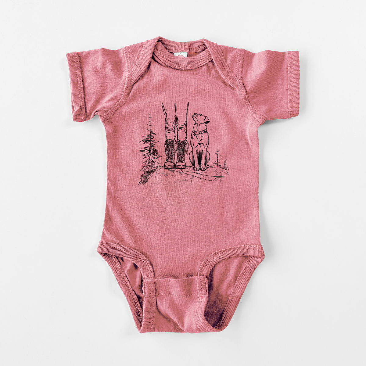Mauve pink baby bodysuit laid flat, printed with a black ink illustration of a hiker in boots and a dog sitting side by side on a forest trail, seen from behind.