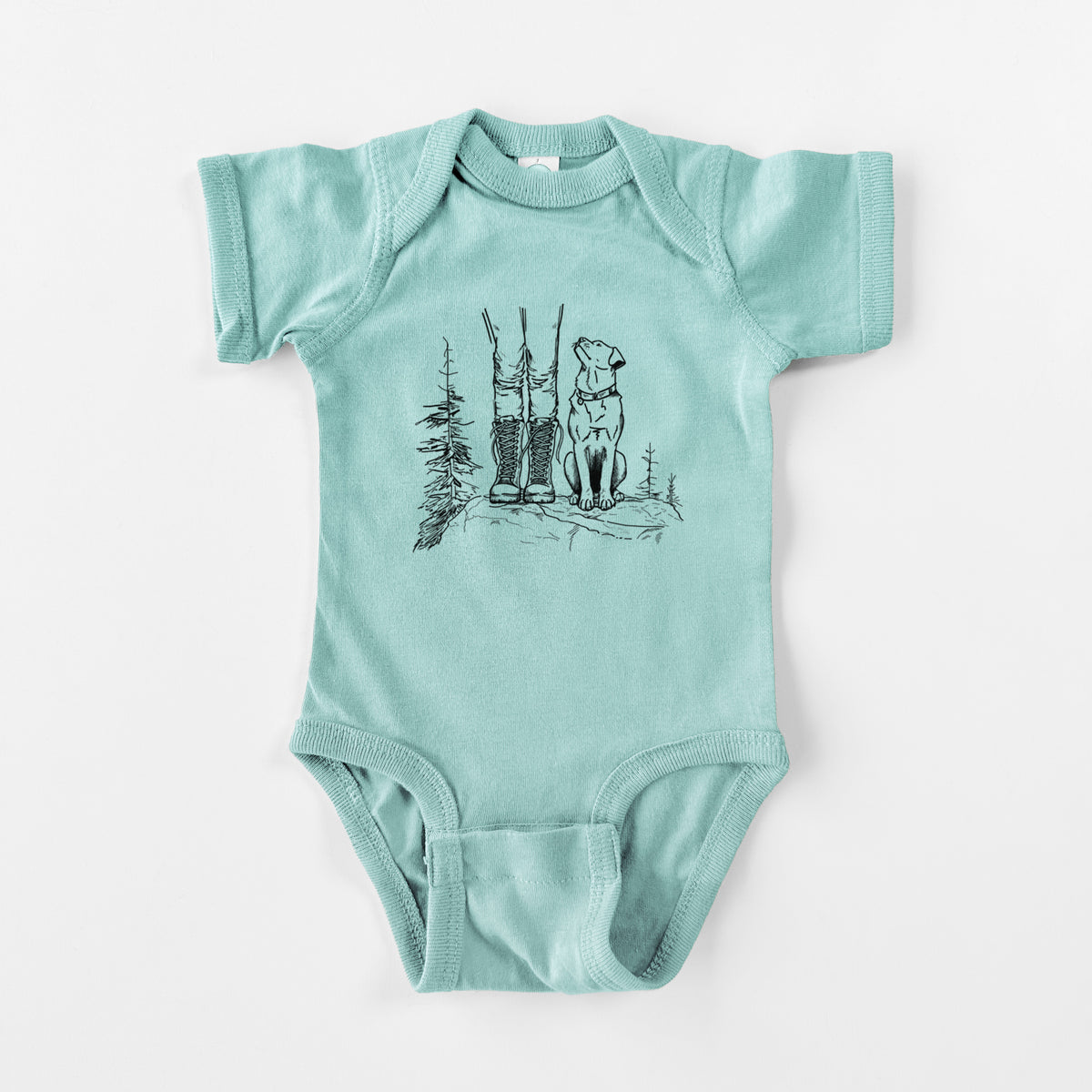 Saltwater baby bodysuit laid flat, printed with a black ink illustration of a hiker in boots and a dog sitting side by side on a forest trail, seen from behind.