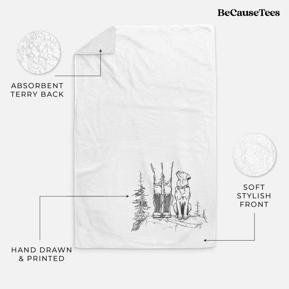 White hand towel printed with a black ink illustration of a hiker in boots and a dog sitting side by side on a forest trail, seen from behind.