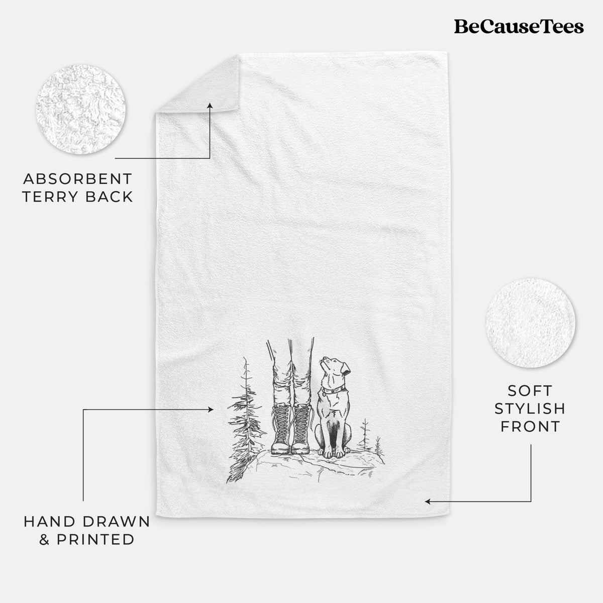 White hand towel printed with a black ink illustration of a hiker in boots and a dog sitting side by side on a forest trail, seen from behind.
