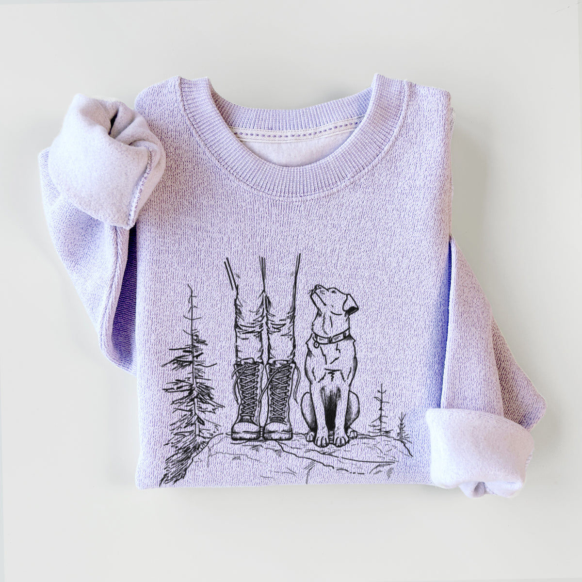 Ice purple knit sweatshirt printed with a black ink illustration of a hiker in boots and a dog sitting side by side on a forest trail, seen from behind, styled flat.