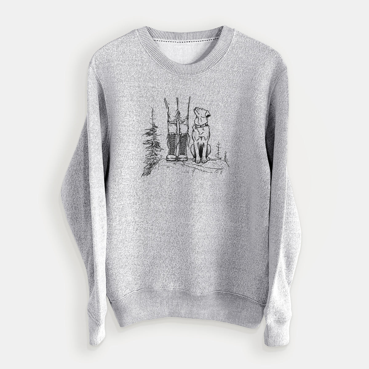 Salt and pepper knit sweatshirt laid flat, printed with a black ink illustration of a hiker in boots and a dog sitting side by side on a forest trail, seen from behind.