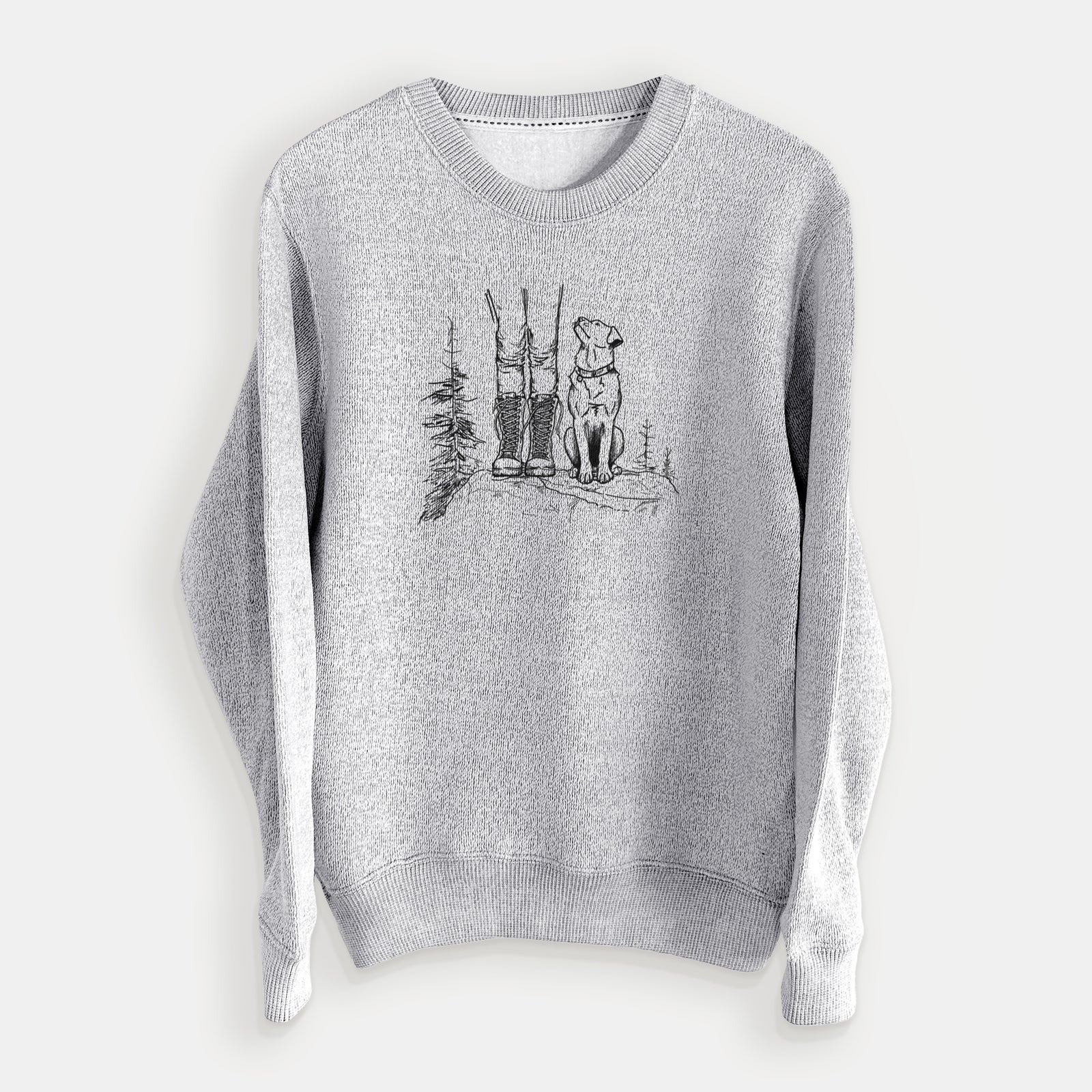 Salt and pepper knit sweatshirt laid flat, printed with a black ink illustration of a hiker in boots and a dog sitting side by side on a forest trail, seen from behind.