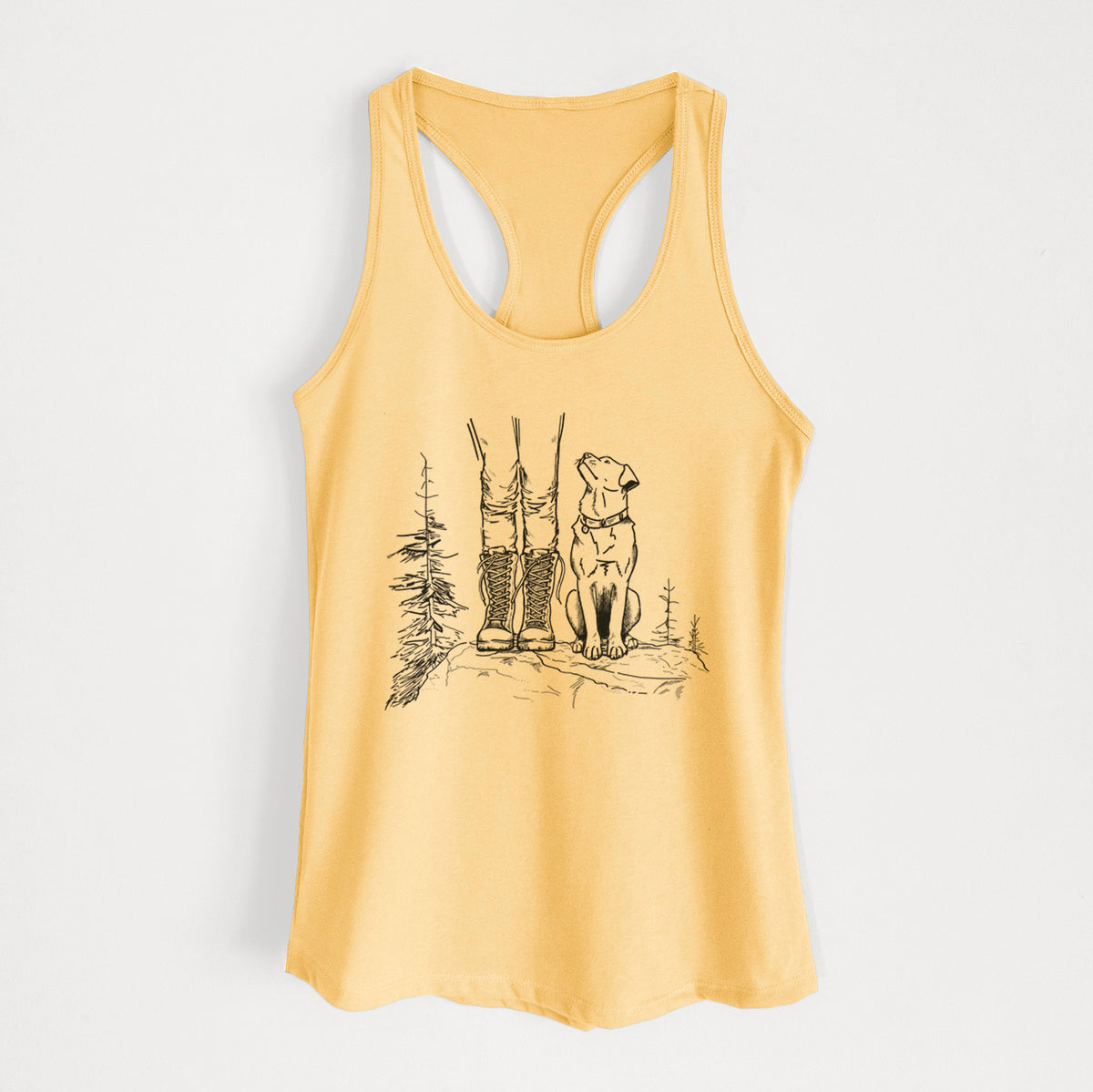 Banana cream women's racerback tank top laid flat, printed with a black ink illustration of a hiker in boots and a dog sitting side by side on a forest trail, seen from behind.