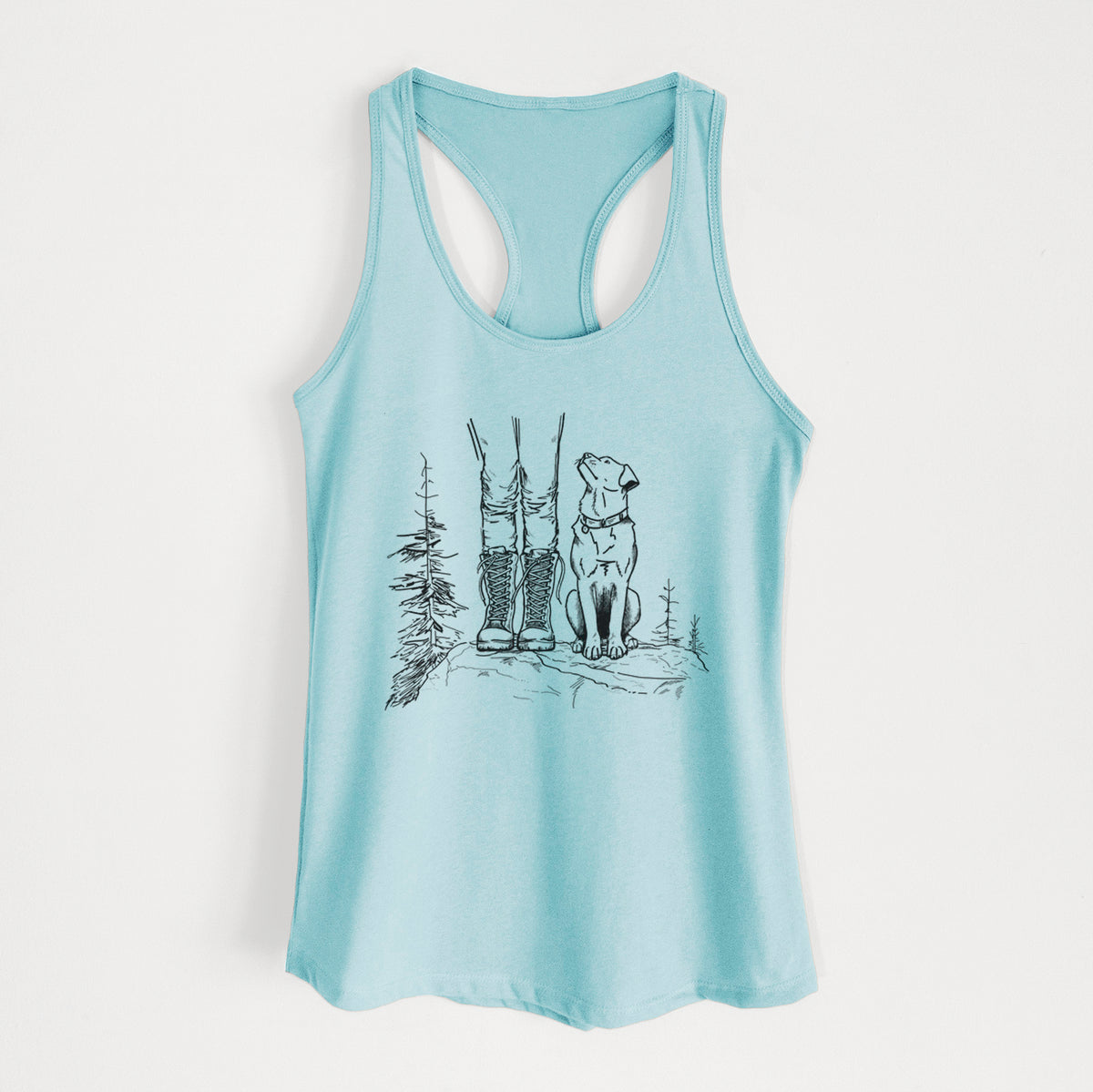 Cancun blue women's racerback tank top laid flat, printed with a black ink illustration of a hiker in boots and a dog sitting side by side on a forest trail, seen from behind.
