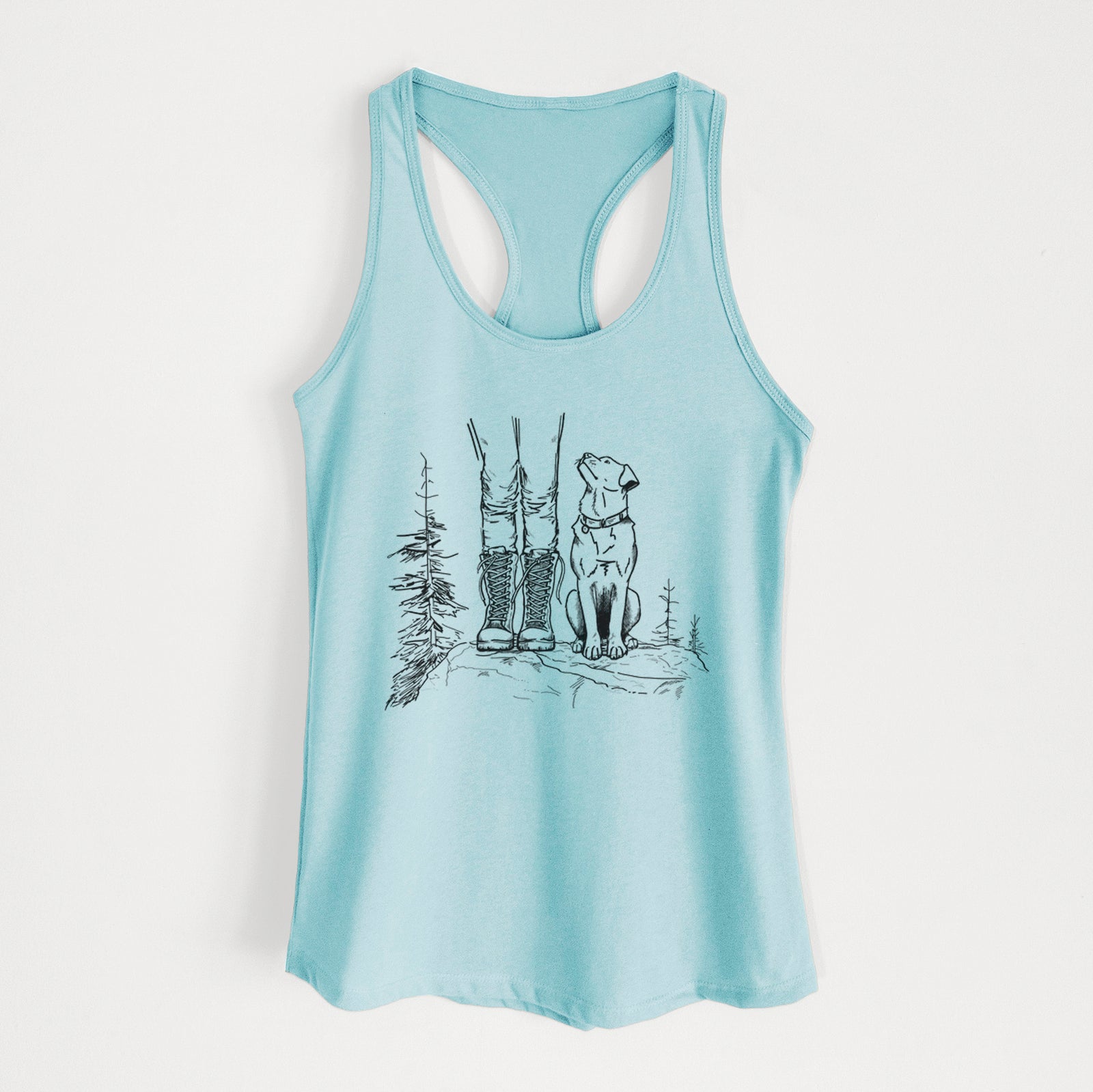 Banana cream women's racerback tank top laid flat, printed with a black ink illustration of a hiker in boots and a dog sitting side by side on a forest trail, seen from behind.