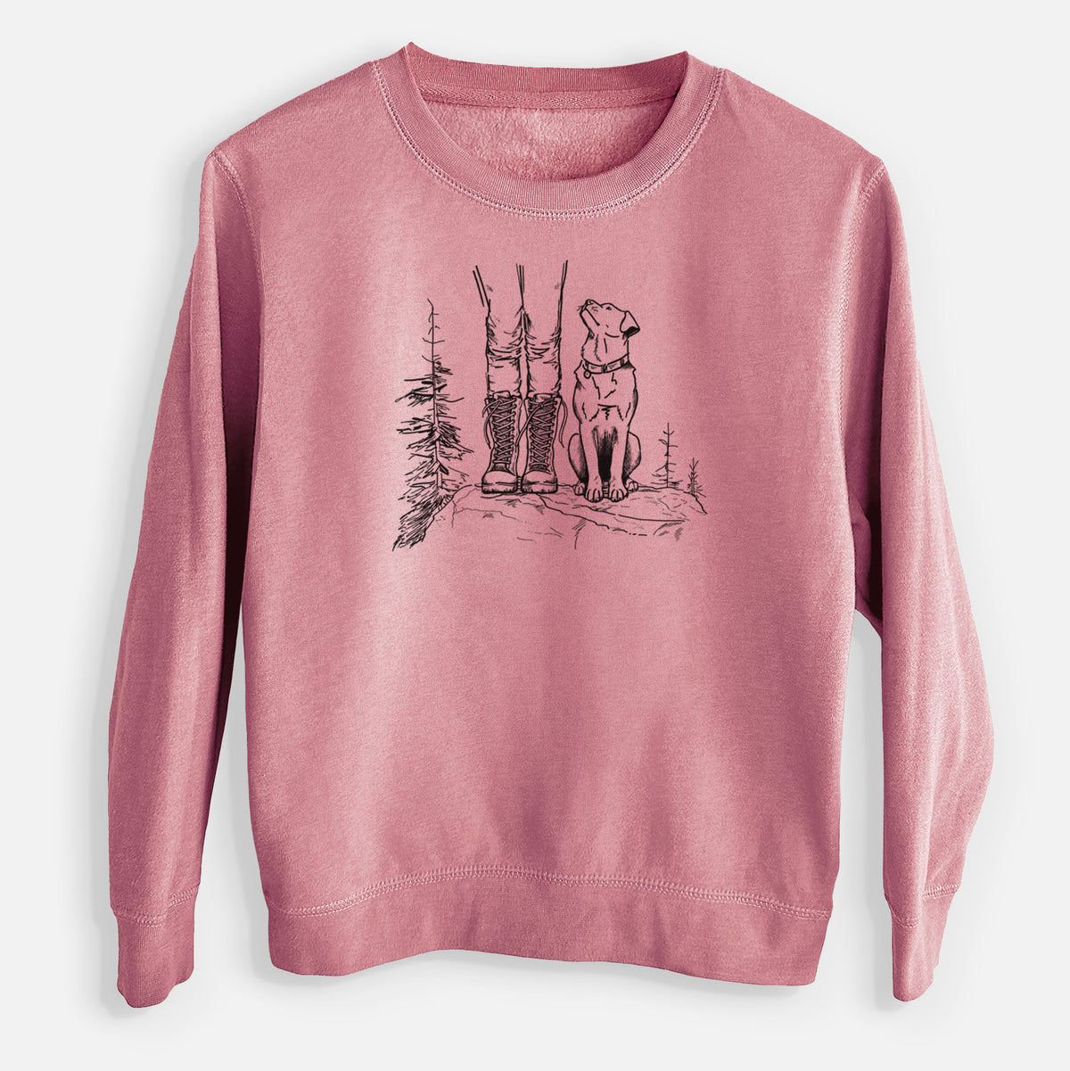 Mauve pink youth crewneck sweatshirt laid flat, printed with a black ink illustration of a hiker in boots and a dog sitting side by side on a forest trail, seen from behind.