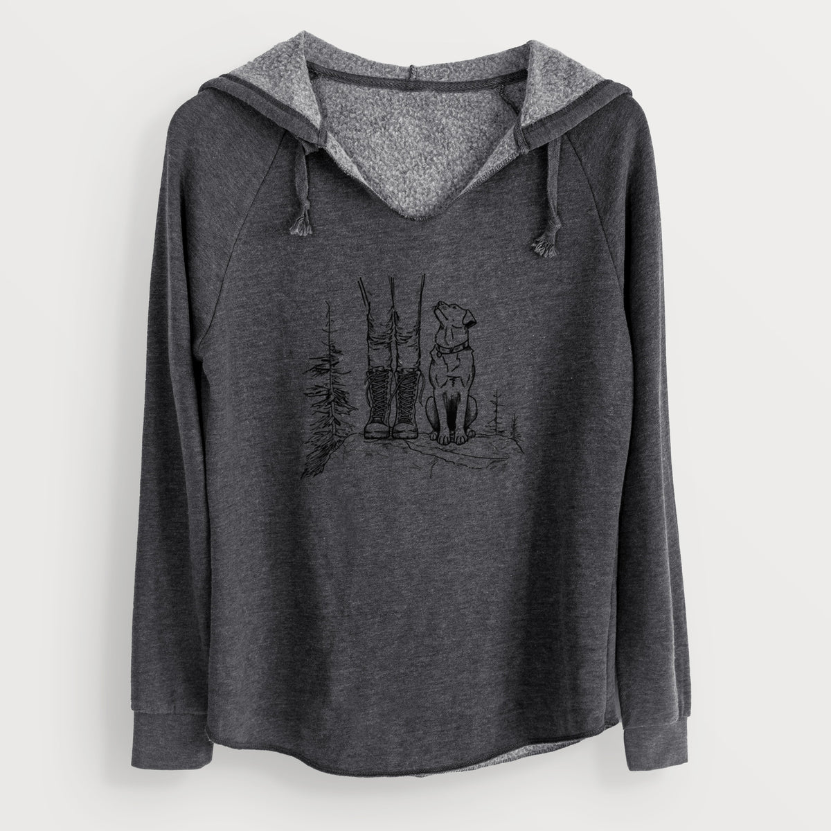 Charcoal grey women's Cali Wave hooded sweatshirt laid flat, printed with a black ink illustration of a hiker in boots and a dog sitting side by side on a forest trail, seen from behind.