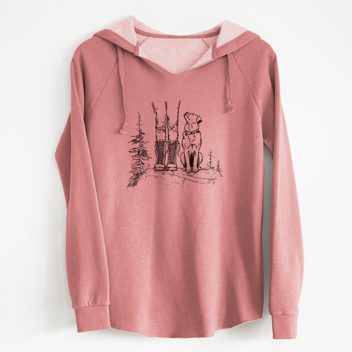 Dusty rose women's Cali Wave hooded sweatshirt laid flat, printed with a black ink illustration of a hiker in boots and a dog sitting side by side on a forest trail, seen from behind.