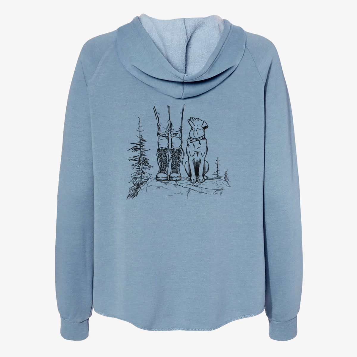 Misty blue women's Cali Wave zip-up sweatshirt laid flat, printed with a black ink illustration of a hiker in boots and a dog sitting side by side on a forest trail, seen from behind.