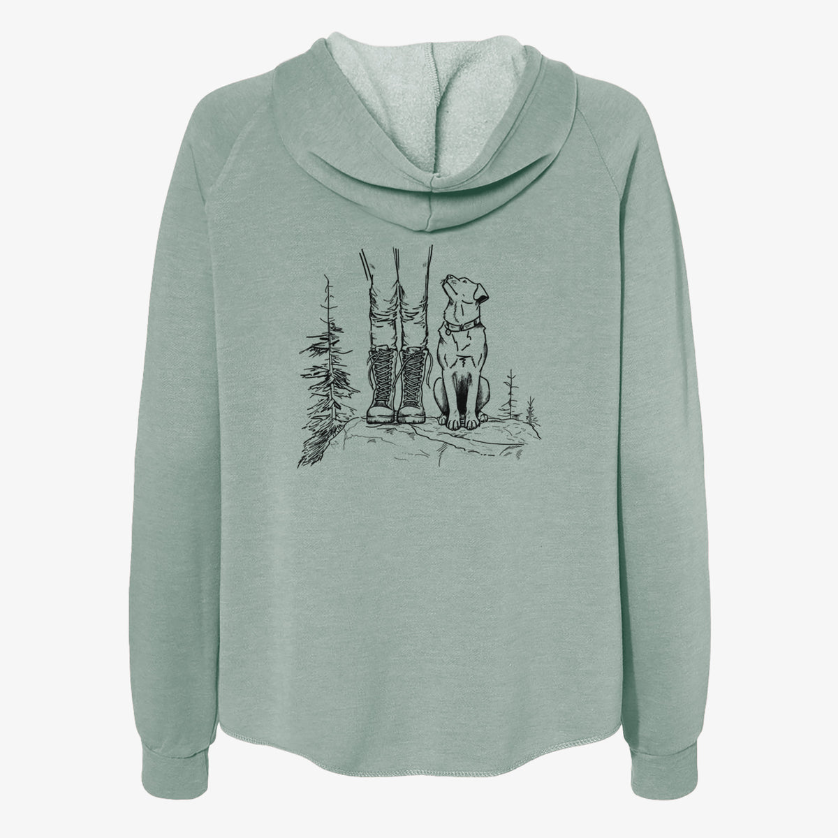 Sage green women's Cali Wave zip-up sweatshirt laid flat, printed with a black ink illustration of a hiker in boots and a dog sitting side by side on a forest trail, seen from behind.