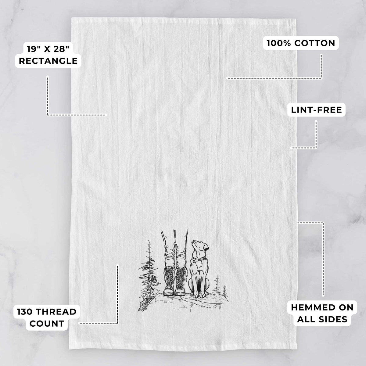 White tea towel printed with a black ink illustration of a hiker in boots and a dog sitting side by side on a forest trail, seen from behind, with feature labels: 19 by 28 inch rectangle, 100% cotton, lint-free, 130 thread count, hemmed on all sides.