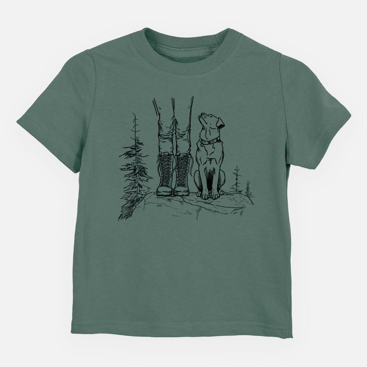 Basil green toddler t-shirt laid flat, printed with a black ink illustration of a hiker in boots and a dog sitting side by side on a forest trail, seen from behind.