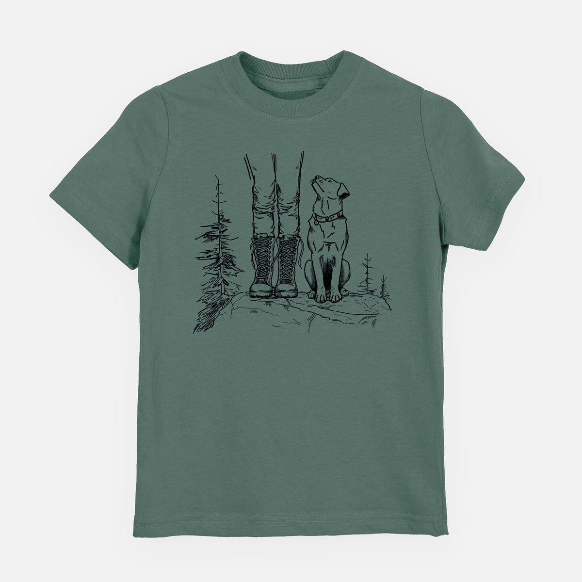 Basil green youth t-shirt laid flat, printed with a black ink illustration of a hiker in boots and a dog sitting side by side on a forest trail, seen from behind.