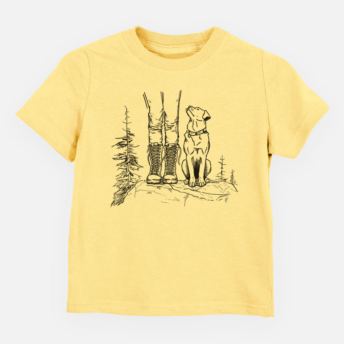 Butter yellow toddler t-shirt laid flat, printed with a black ink illustration of a hiker in boots and a dog sitting side by side on a forest trail, seen from behind.