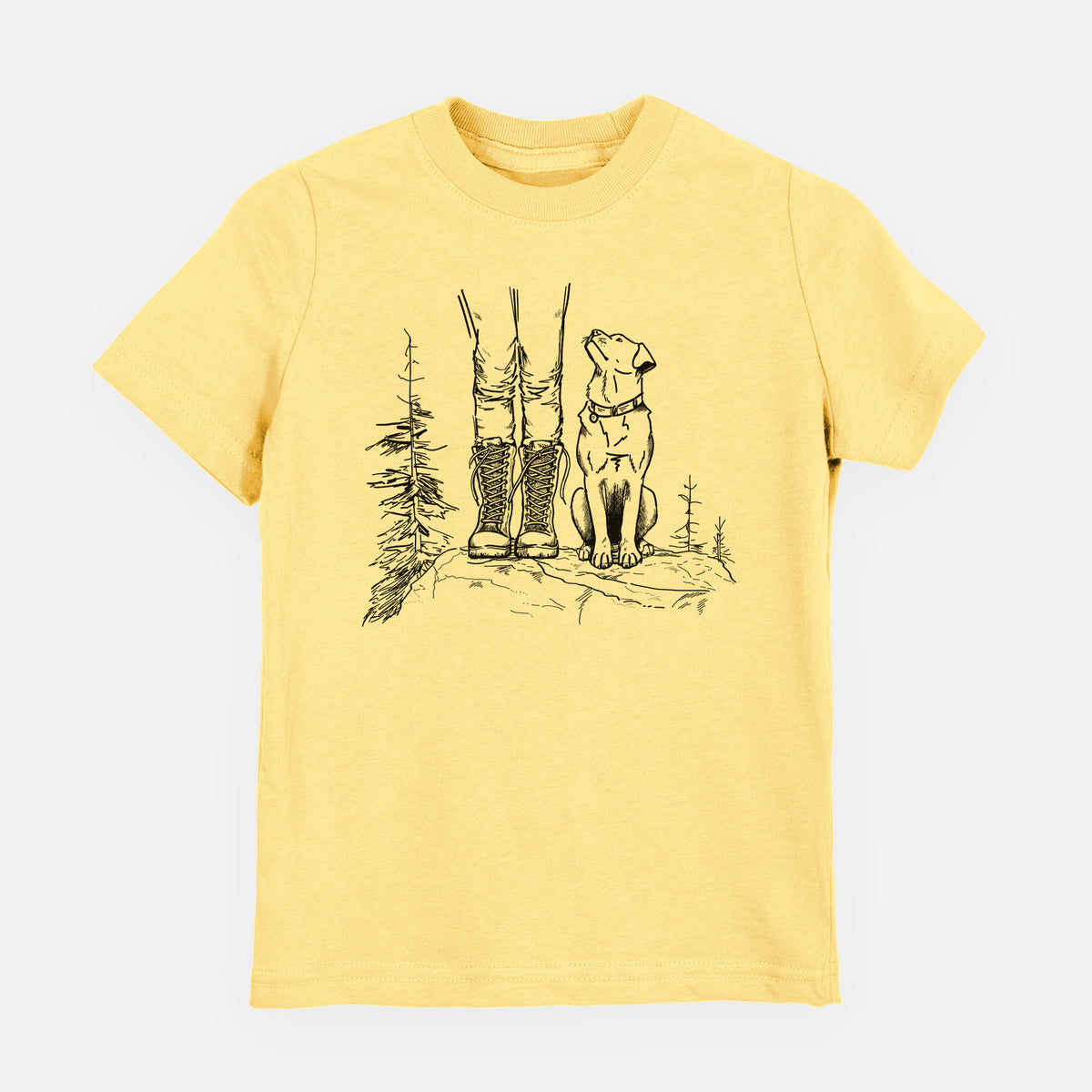 Butter yellow youth t-shirt laid flat, printed with a black ink illustration of a hiker in boots and a dog sitting side by side on a forest trail, seen from behind.