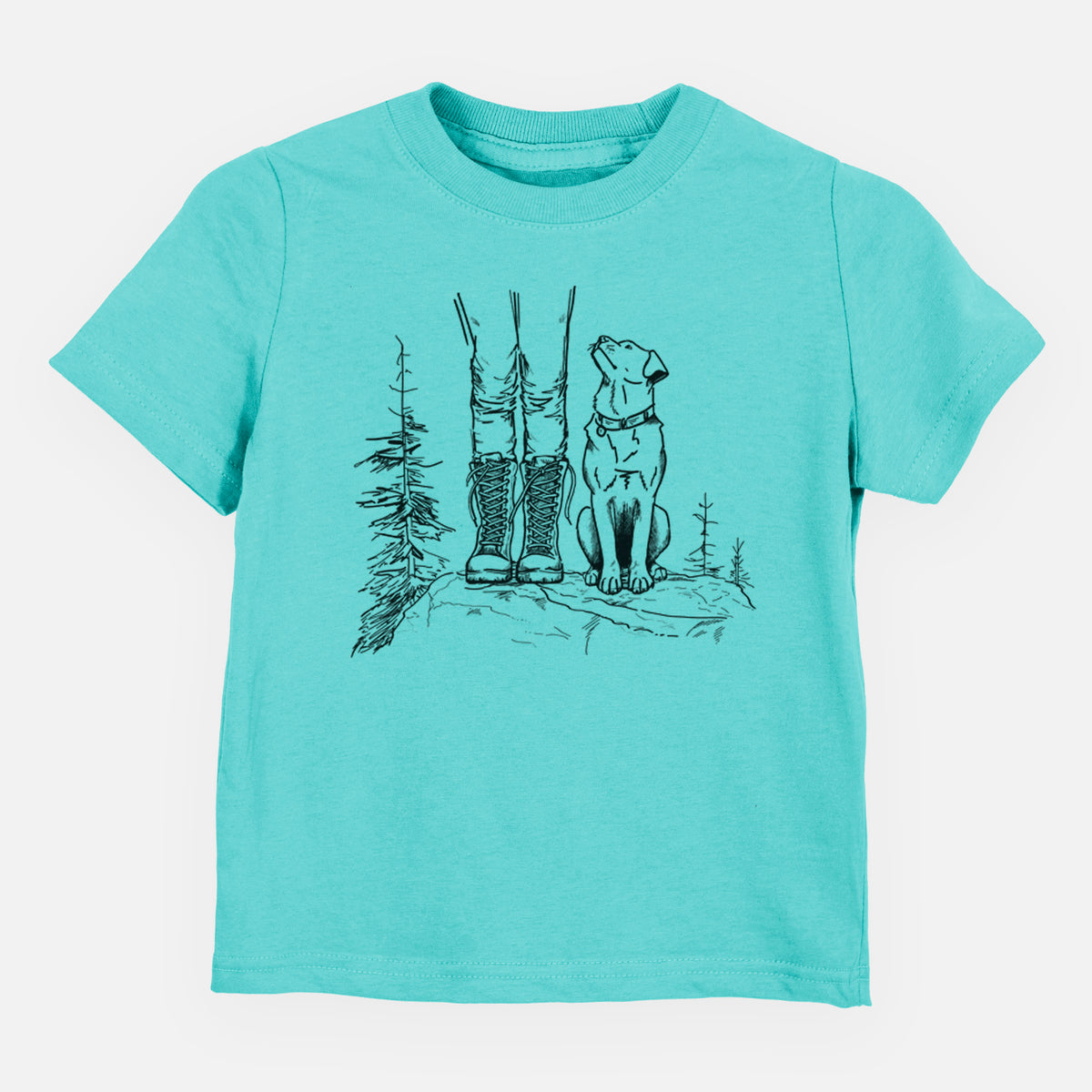 Caribbean blue toddler t-shirt laid flat, printed with a black ink illustration of a hiker in boots and a dog sitting side by side on a forest trail, seen from behind.