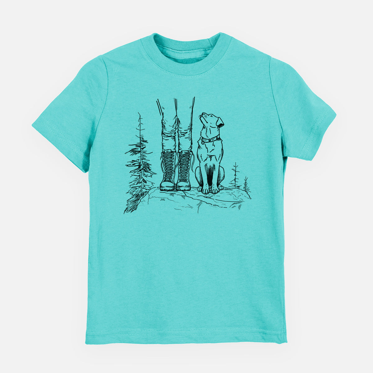Caribbean blue youth t-shirt laid flat, printed with a black ink illustration of a hiker in boots and a dog sitting side by side on a forest trail, seen from behind.