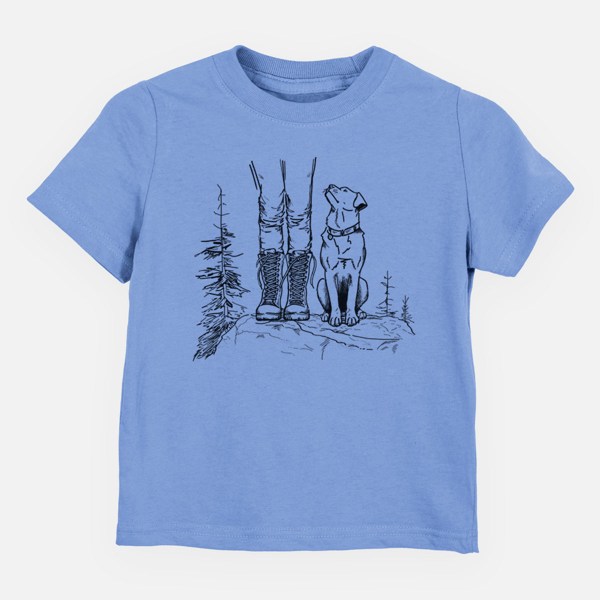 Carolina blue toddler t-shirt laid flat, printed with a black ink illustration of a hiker in boots and a dog sitting side by side on a forest trail, seen from behind.