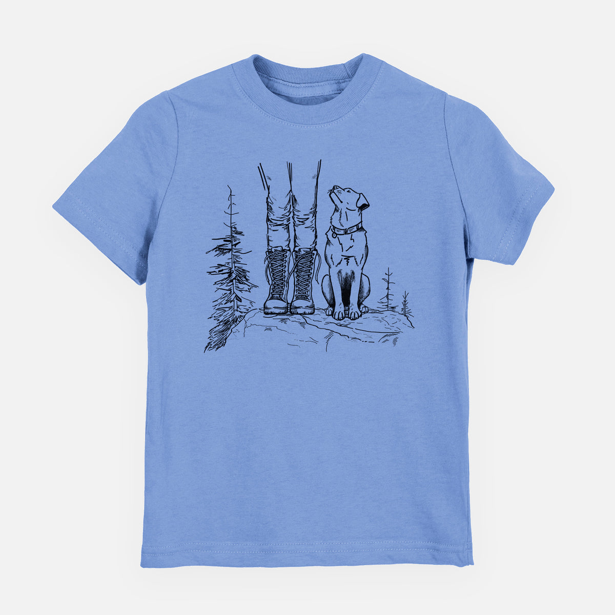 Carolina blue youth t-shirt laid flat, printed with a black ink illustration of a hiker in boots and a dog sitting side by side on a forest trail, seen from behind.
